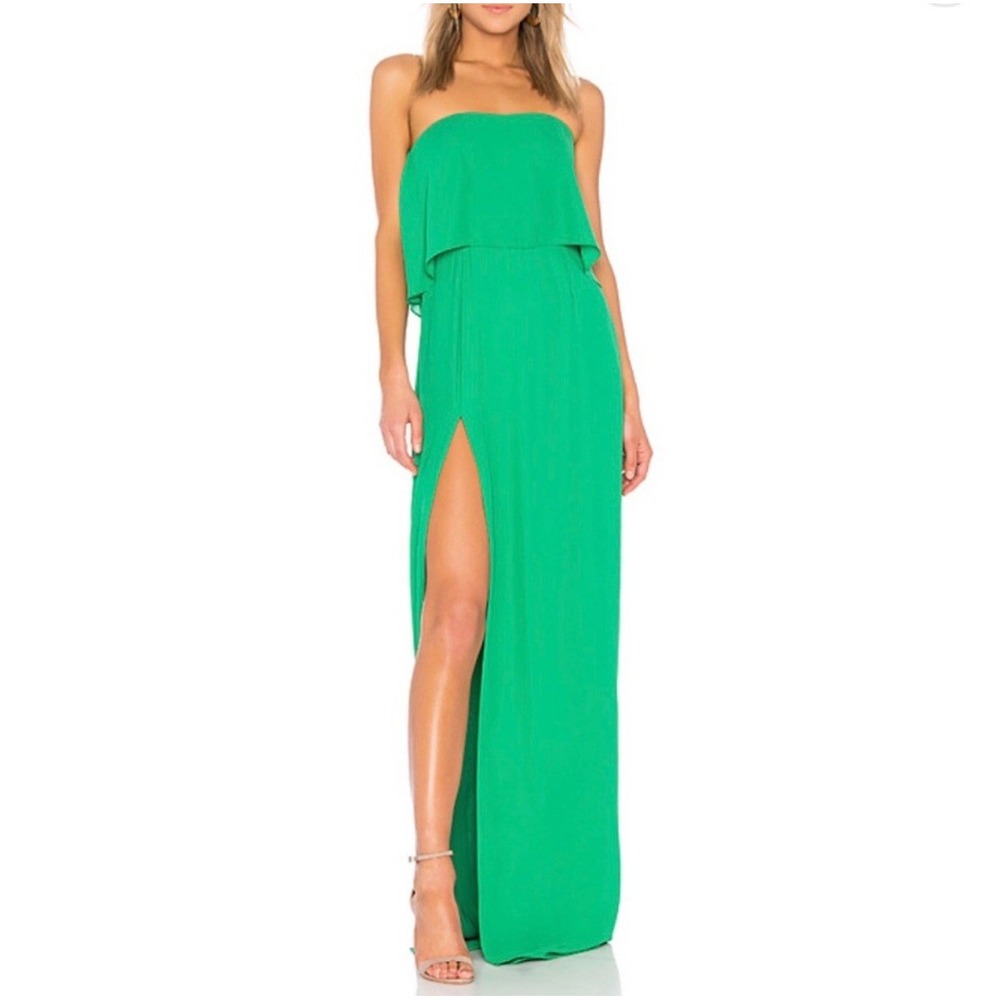 Amanda Uprichard Topanga Maxi Gown Strapless Ruffle Slit Jungle Green Sz XS